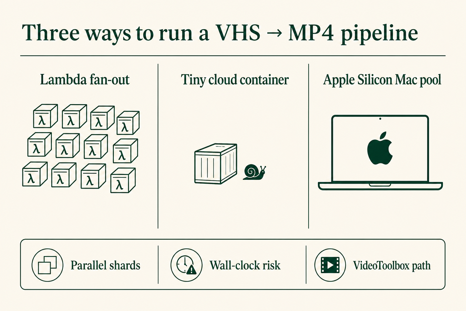 Diagram comparing Remotion Lambda fan-out, tiny cloud containers, and Apple Silicon Mac pools